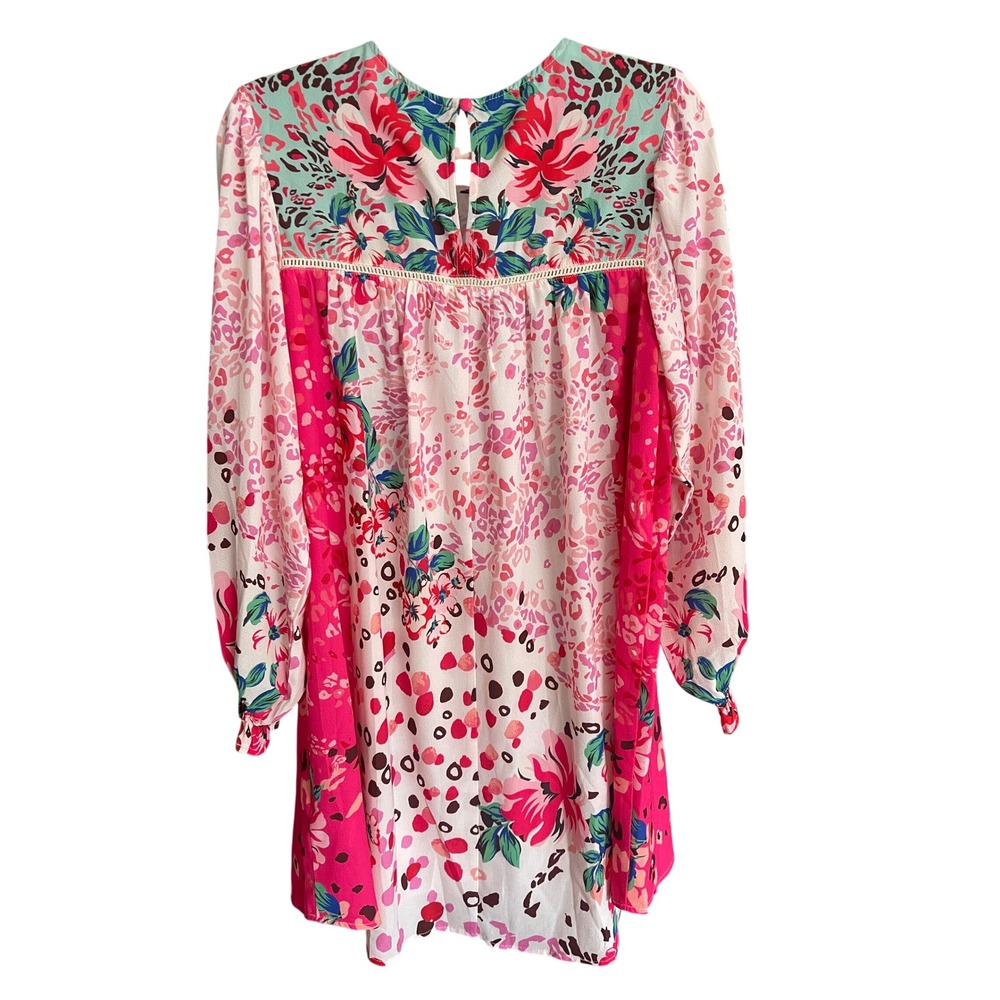 NWT Boutique Umgee Mixed Floral Leopard Print Lace Trim Shift Dress Pink Medium - Picture 6 of 9